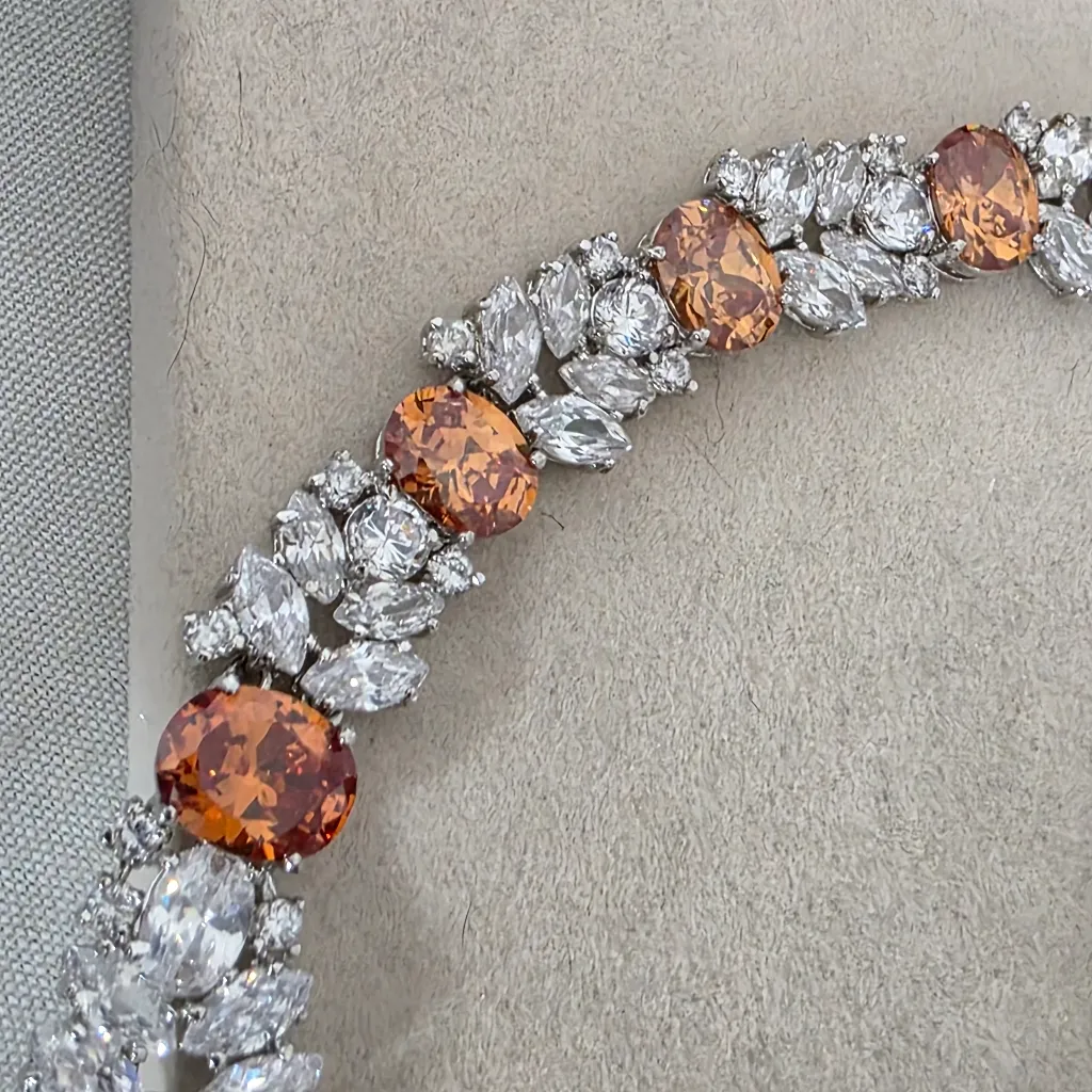 Silver Rhodium with Orange And Clear Zirconia Neckalce and Earrings Set - Image 4