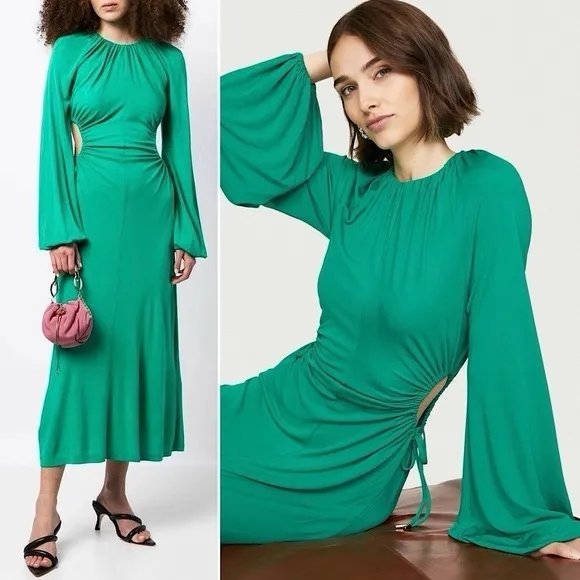 REBECCA VALLANCE Edie Ruched Tie Waist Cutout Long‎ Bell Sleeve Midi Dress - Image 2