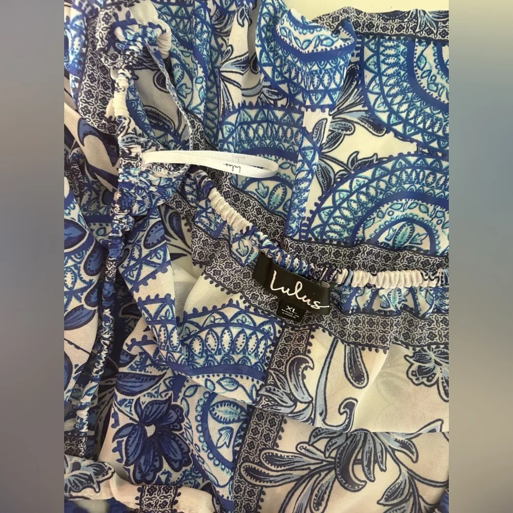 Lulus |‎ De La Sol Blue and White Print Off-the-Shoulder Midi Dress NWT 0315 - Image 11