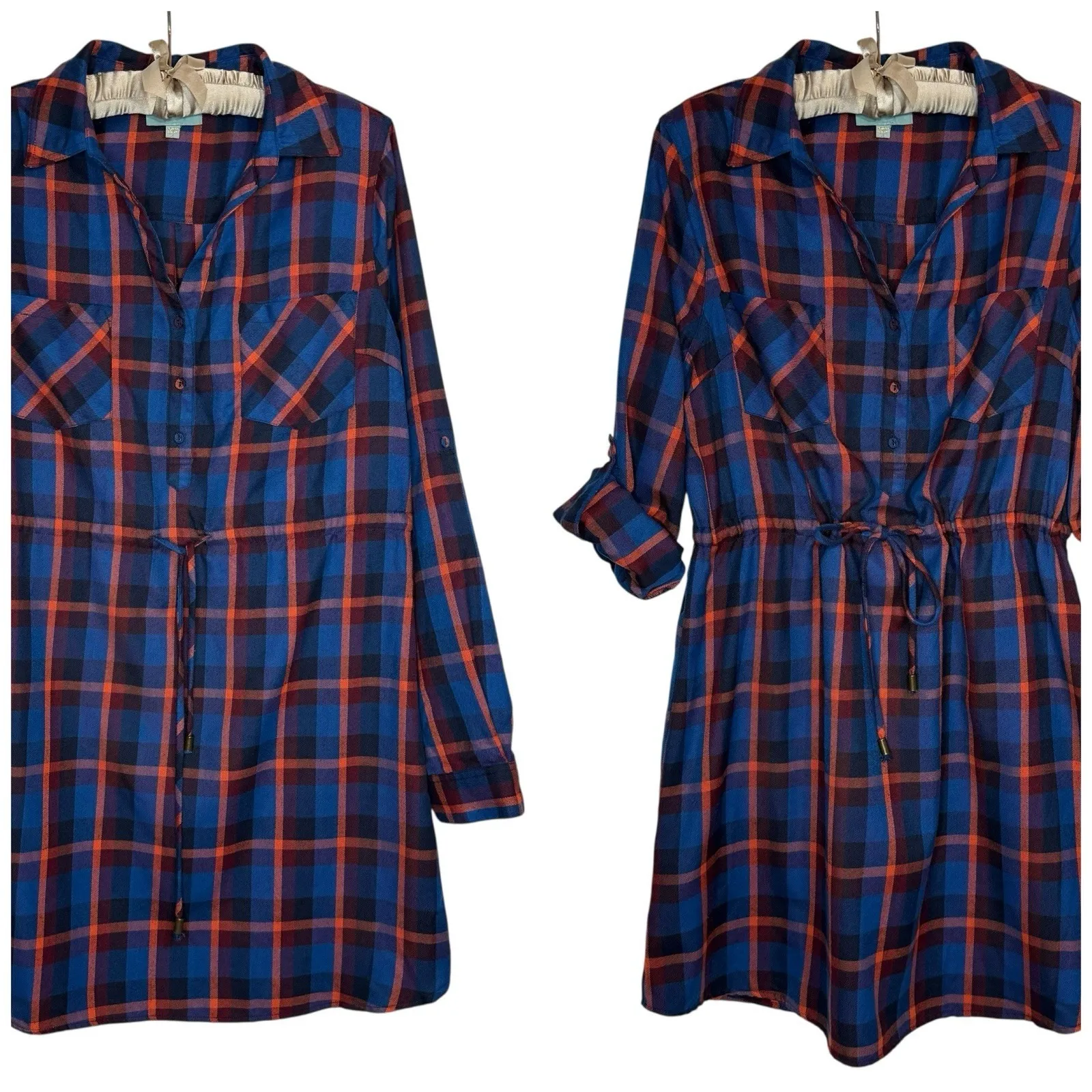 Skies Are Blue Flannel‎ Shirt Dress Size XL Plaid Roll Tab Sleeve Cinch Waist - Image 2