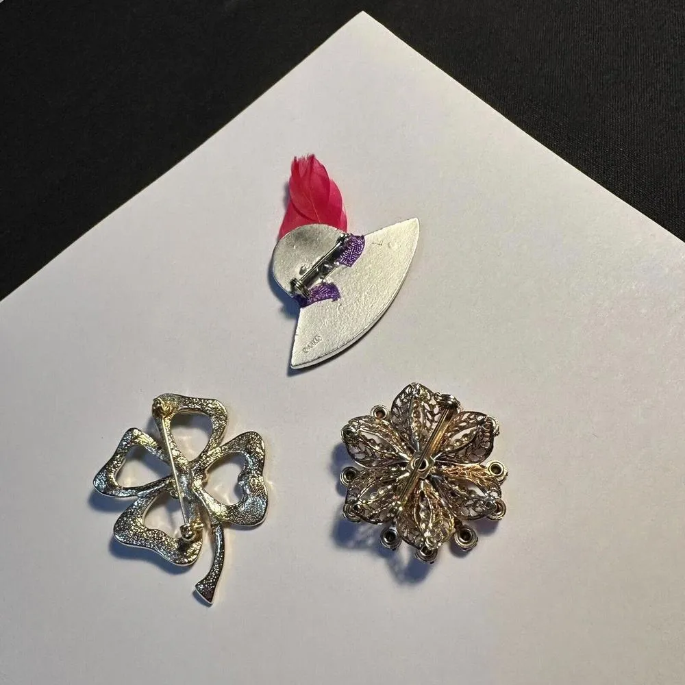 Lot Of 3 Rhinestone Brooch Pins 4 Leaf Green Clover, Red Hat, Etc - Image 5