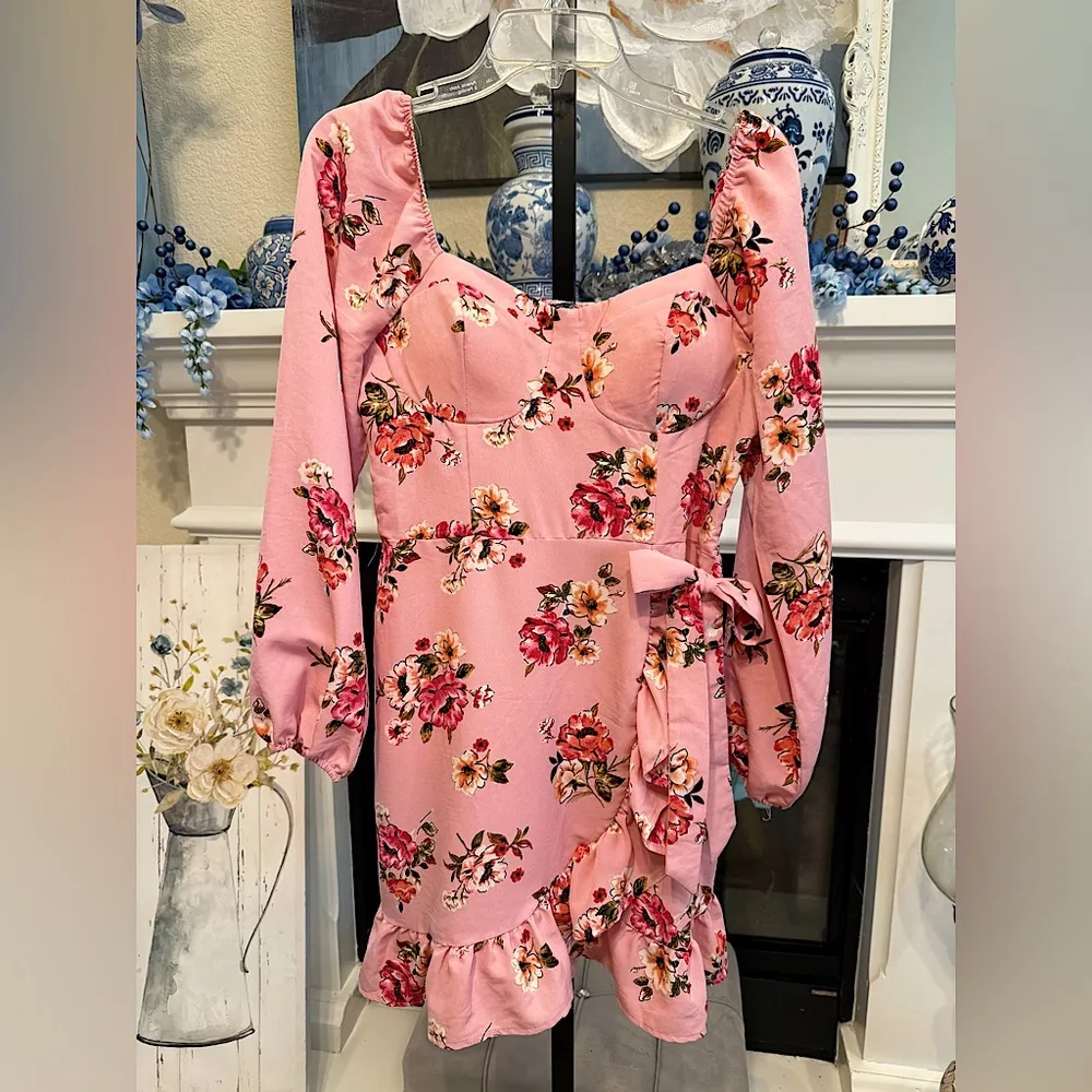 Pink Floral Ruffle Smocked Tie Large Sweetheart Puff Sleeve Ruffle Hem Dress - Image 2