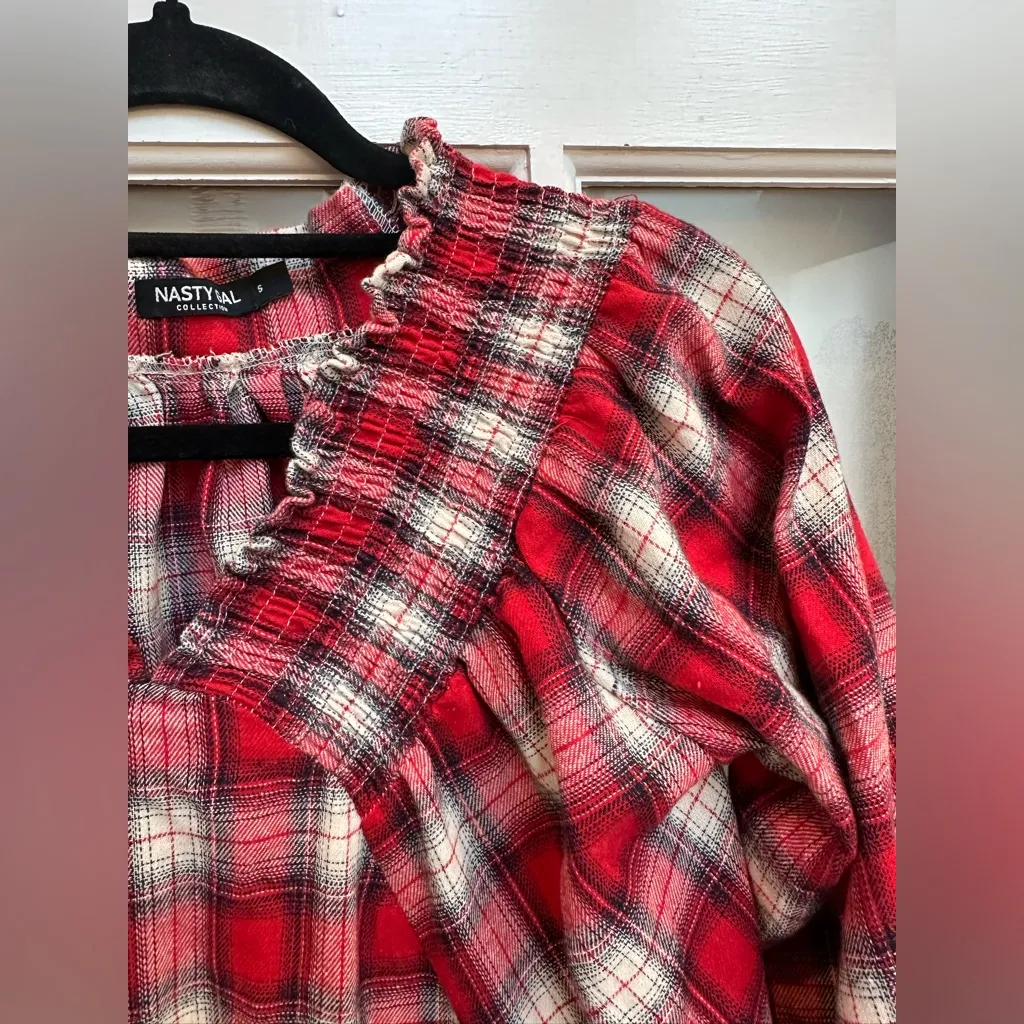 Nasty Gal Red Plaid Flannel Off-Shoulder Oversized Shirt Dress Size Small S - Image 4