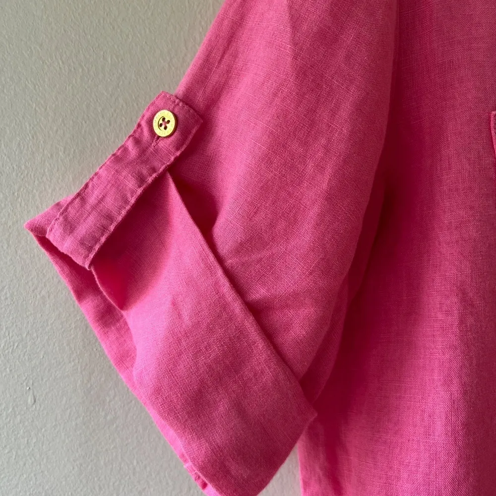 ELLEN TRACY Roll Tab Sleeve Linen Tunic Hot Pink V Neck Blouse Pockets Size M - Image 3