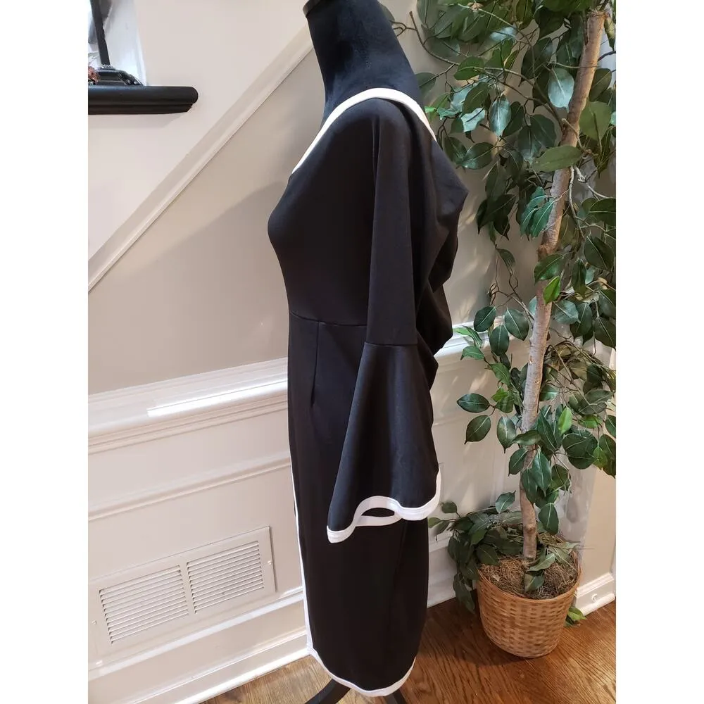 Bodycon Dress Womens XL Black White Off Shoulder Bell Sleeve Asymmetrical Party - Image 9