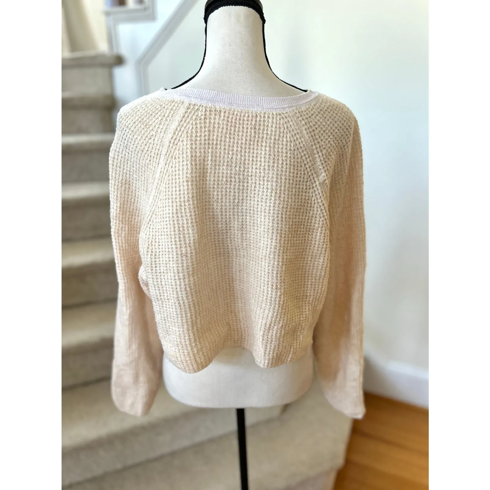 Urban Outfitters Cream White Waffle Knit Cropped Snap Henley Sweater - Image 3