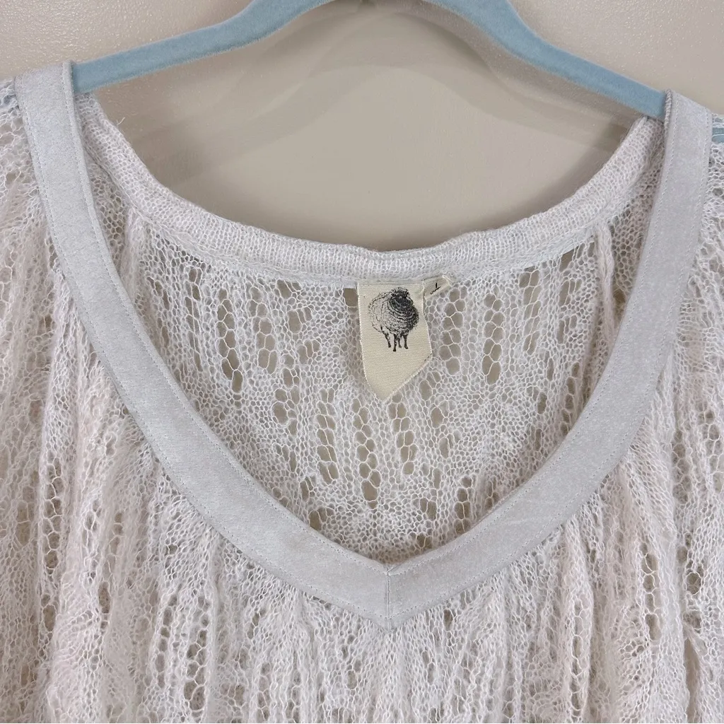 Black Sheep Ivory Boho Crochet Lace 3/4 Bell Sleeve Suede Trim Sweater Large - Image 2