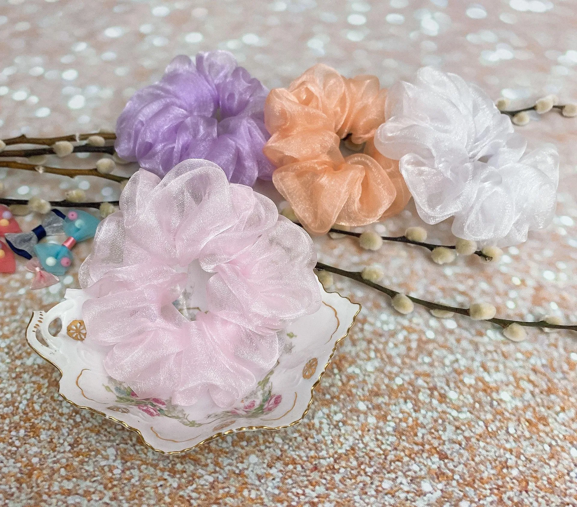 Soft Pink Crystal Organza Hair Scrunchie Hair Accessories - Image 7