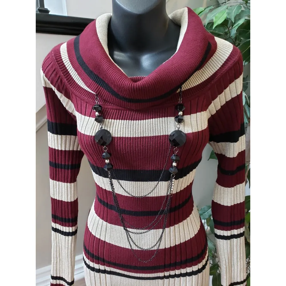 No Boundaries Sweater Dress Women XL Burgundy Stripe Ribbed Knit Cowl Neck - Image 2