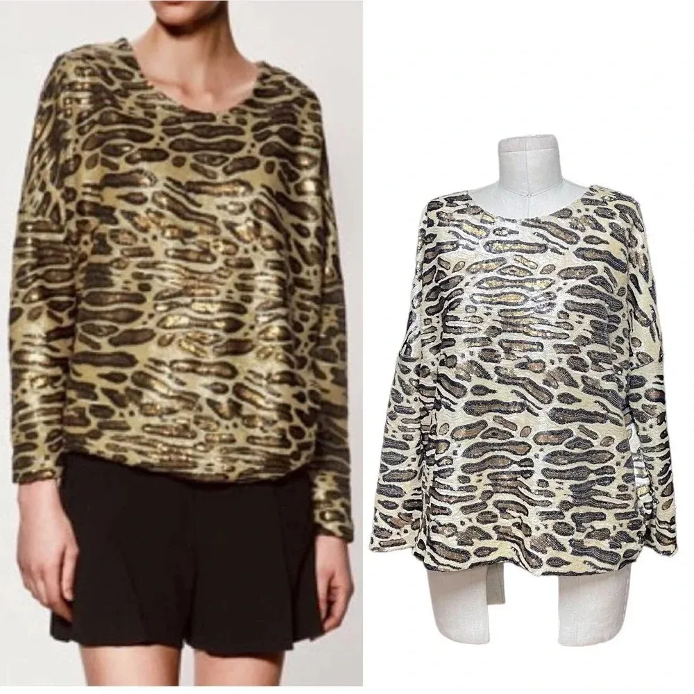 ZARA  Top Special Edition Leopard Cheetah Print Sequin Blouse Shirt Size Medium‎ - Image 2