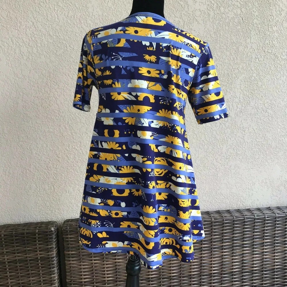 LuLaRoe Womens Perfect T Size XXS Blue Navy Yellow Cream Floral Stripe Top NEW - Image 2