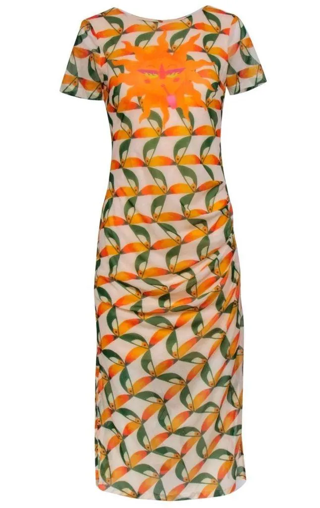 FARM RIO x ANTHROPOLOGIE  Printed Mesh
Toucan Bird Sun Midi Fitted Dress Sz S - Image 4