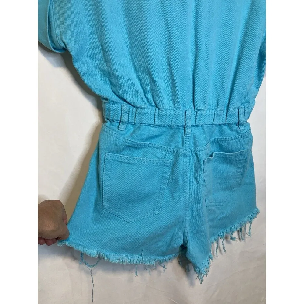 Boutique Idem Aqua Blue Distressed Denim Short Romper S Button Down Pockets New - Image 6