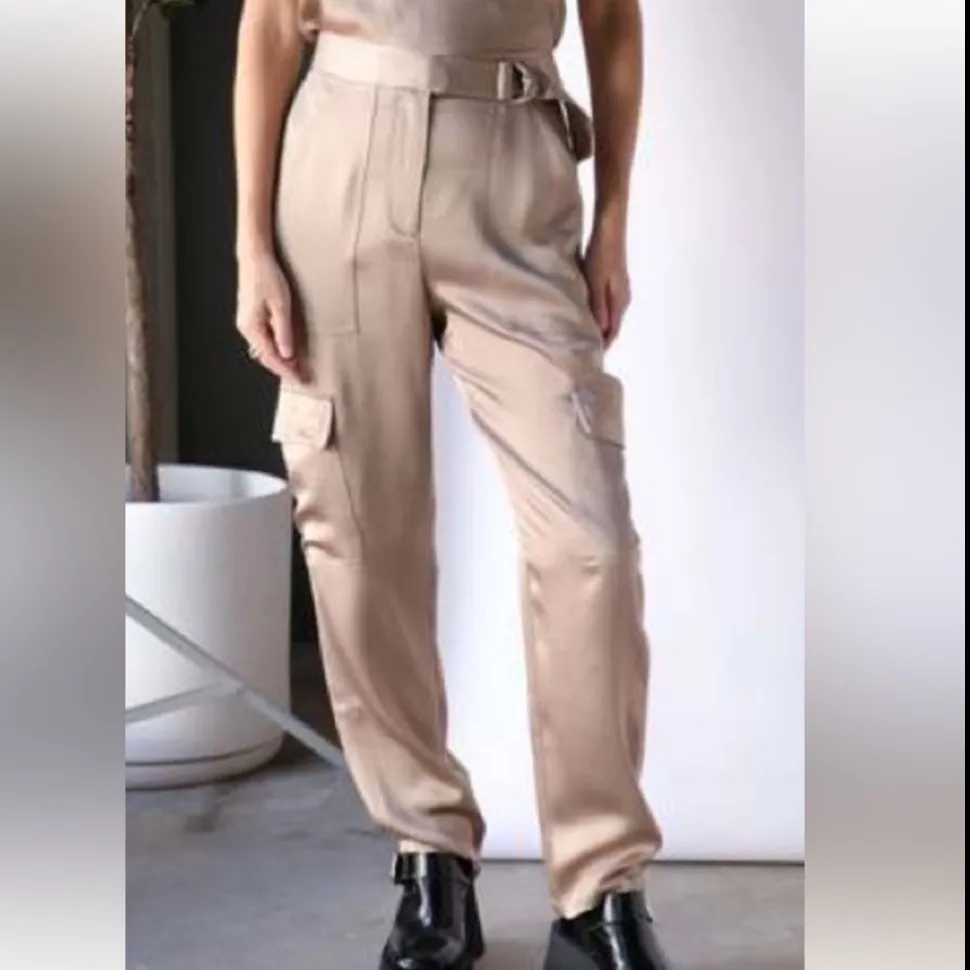 Jonathan Simkhai Carolina belted Satin cargo pant in nutmeg NWT Tan Size 6 - Image 2