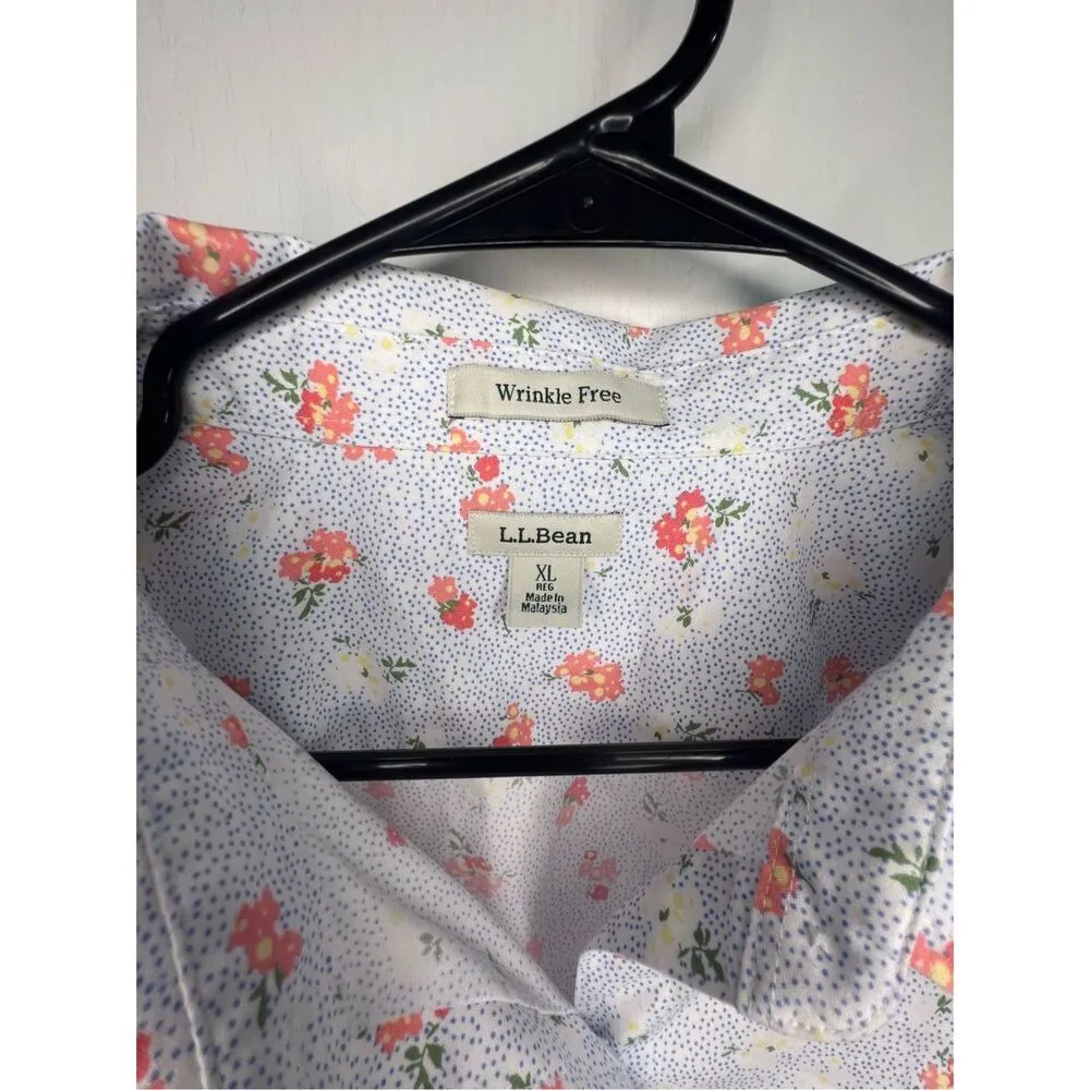 L.L. Bean Floral and Polkadot Pattern Button Up Half Sleeve Top White Size XL - Image 4