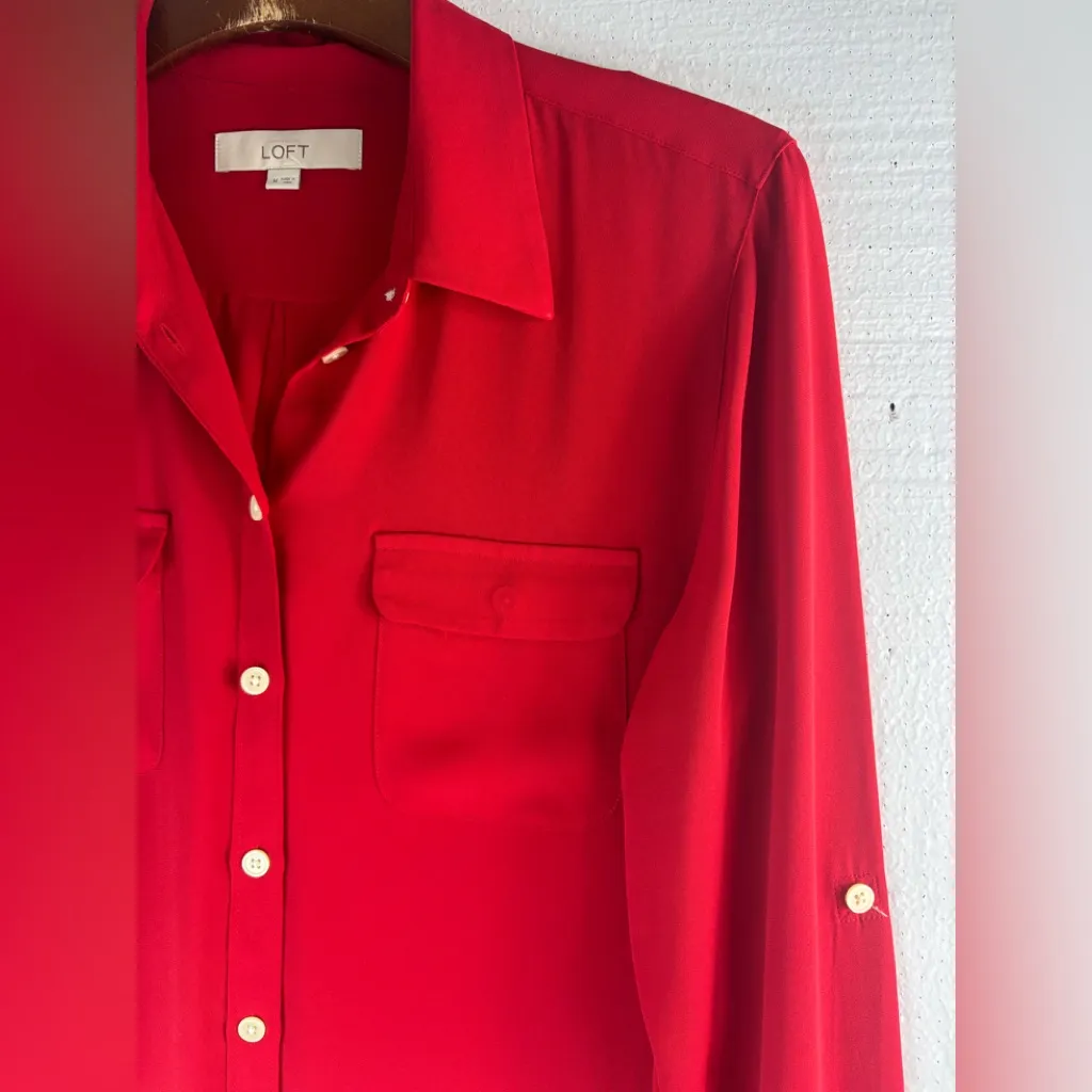 LOFT M Classic Red Button Down Pocketed Workwear Shirt - Image 2