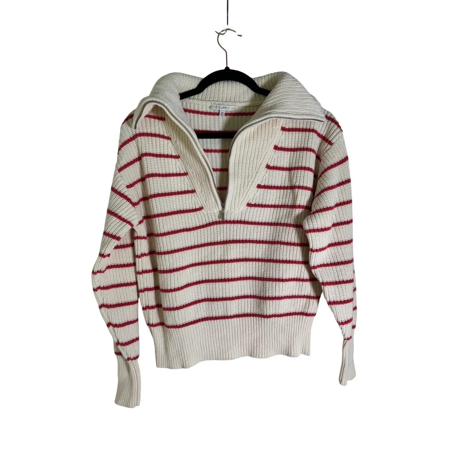 Z Supply Striped Quarter Zip Sweater Cream Red Ribbed Collar Knit XS - Image 4