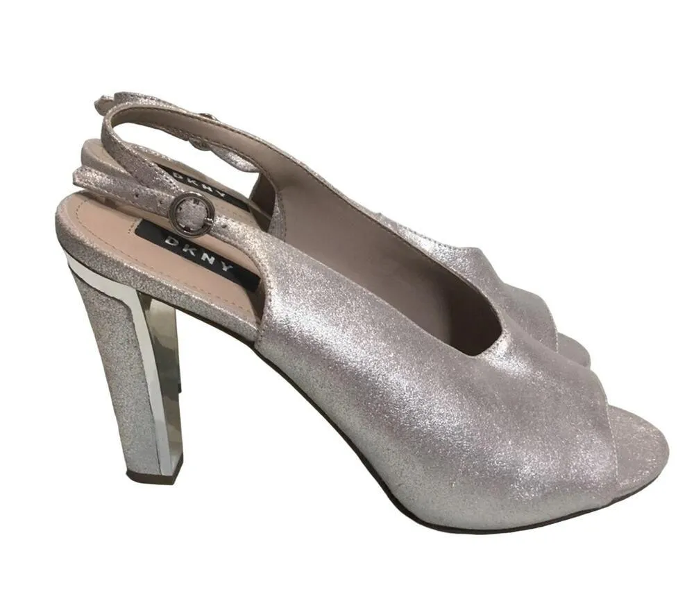 DKNY Glitz MET Suede Leather Silver Peep Toe Cocktail Party Sandal Heels - Image 5