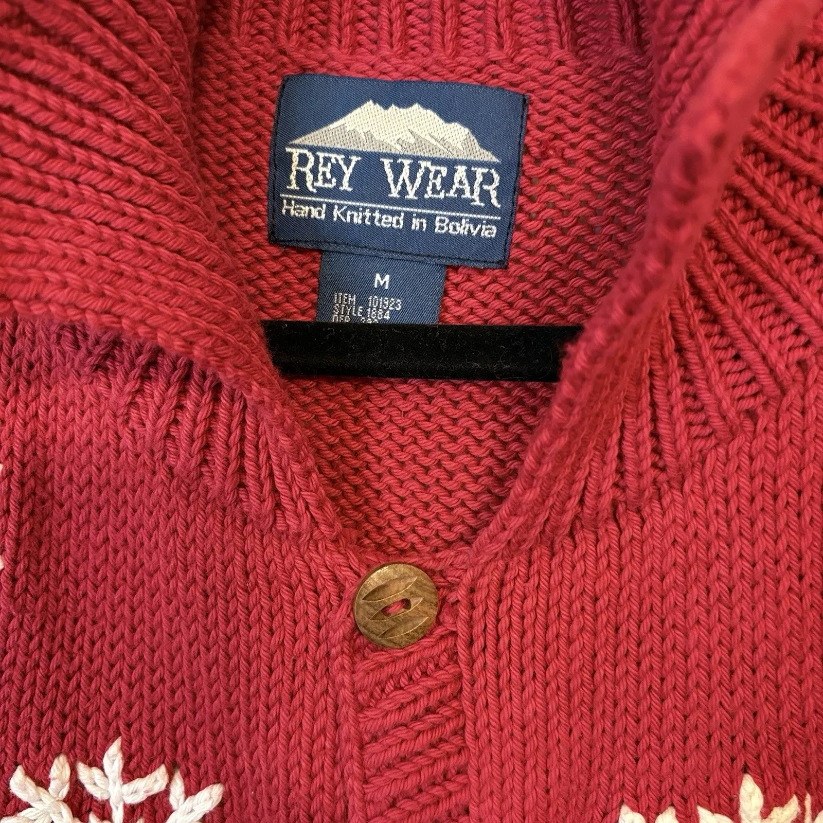 Ray Wear Christmas Sweater Cardigan Snowflake Hand Knit Women’s Sz M Cotton Red Size M - Image 2