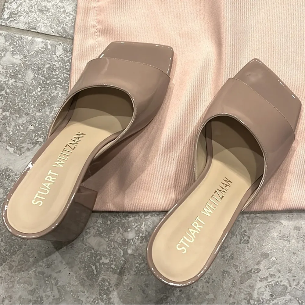 Stuart Weitzman Tia 85 Flared Block Heel Sandals Fawn Patent Leather Size 9 NEW - Image 3