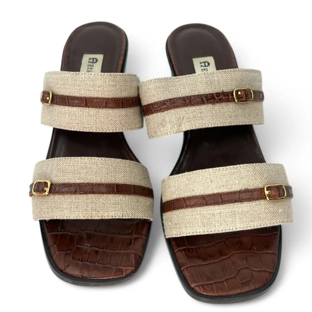 Etienne Aigner | 7.5 Linen Leather Chesapeake Block Heel Open Toe Heel Slip On - Image 2