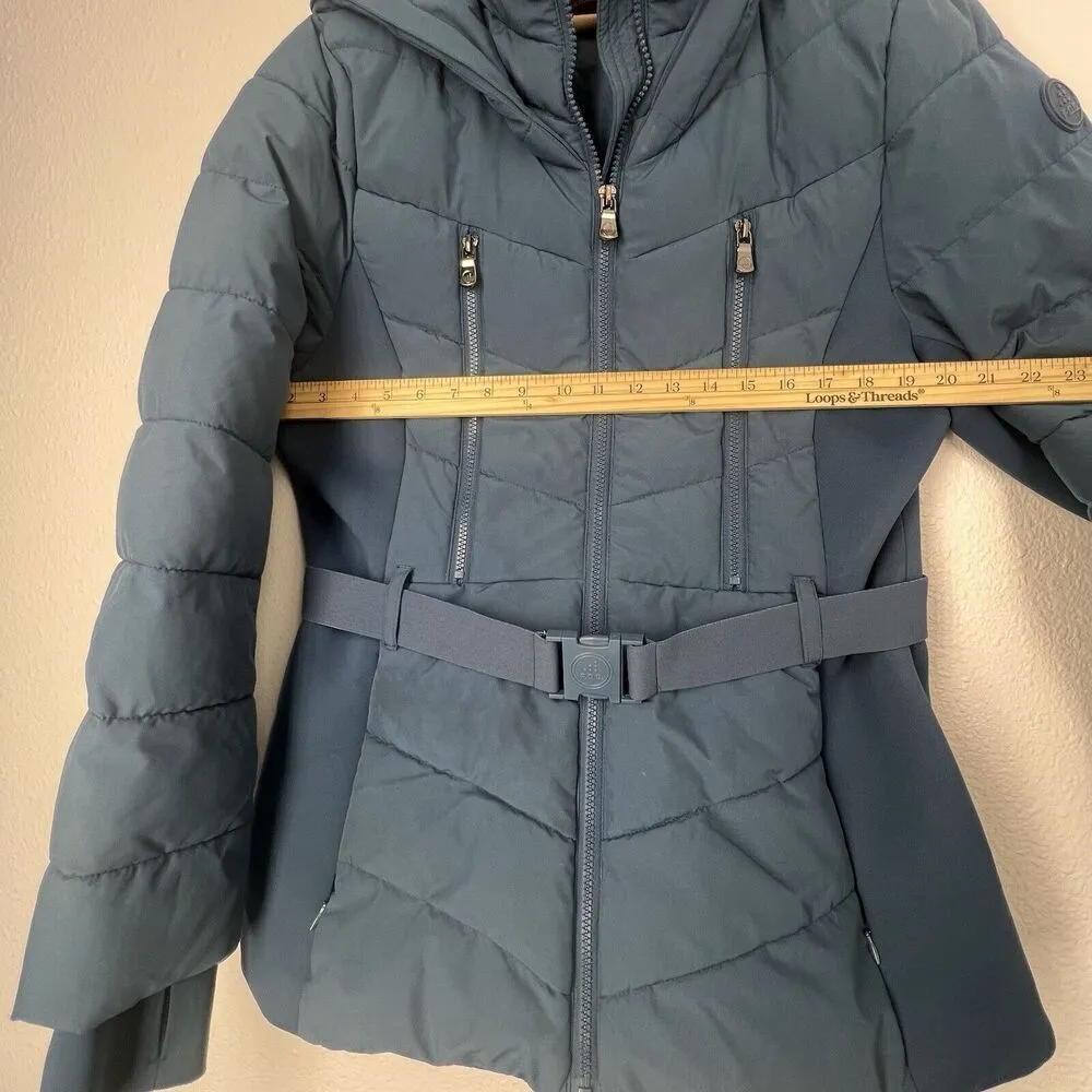FOG Womens Belted Puffer Coat with Hood Adult Long Sleeve blue size L Size L - Image 6