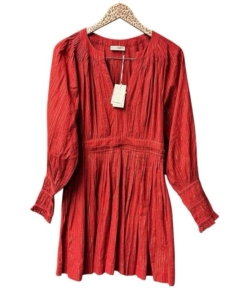 NEW Ulla Johnson Rory Metallic Cotton Long Sleeve Mini Dress Ruby Red 4 NWT - Image 4