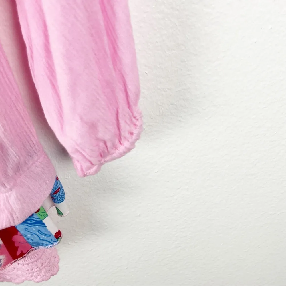 CALESSA Pink Embroidered Lace Hem Front Tassel Tie Long Sleeve Tunic Top Medium - Image 6