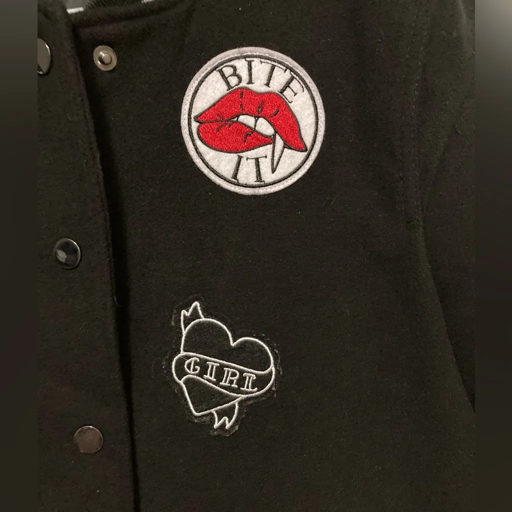 Divided Black Letterman Varsity with Patches Button Front Jacket - Image 7