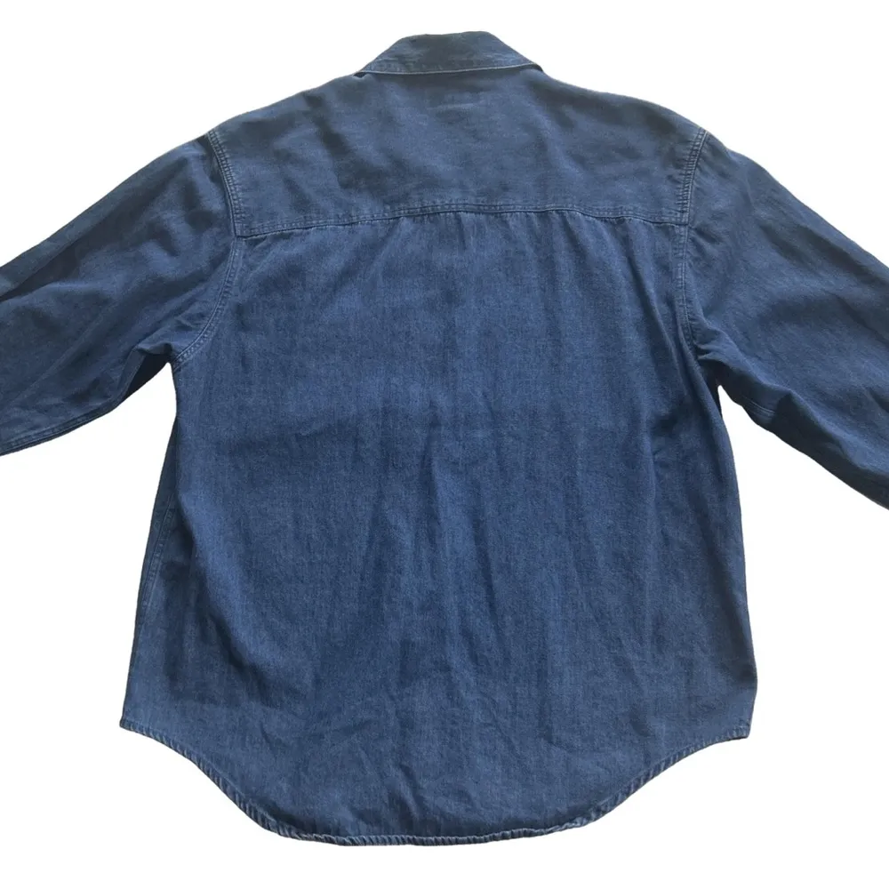 Talbots size M 70s Vintage dark wash denim button down shirt w/ plaid pockets - Image 5