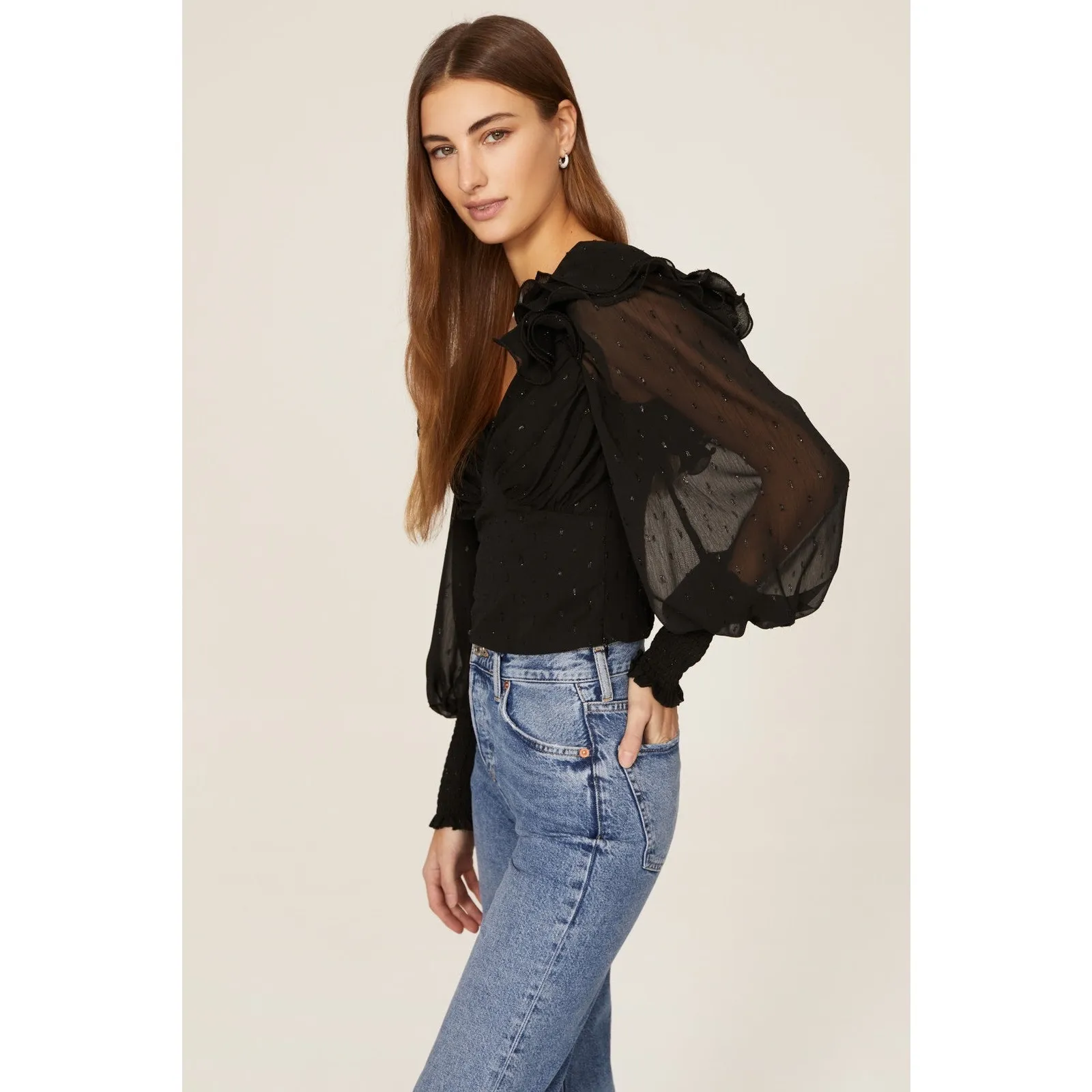 Hutch Anthropologie Reni Black Ruffled Blouson Sleeve Clipdot Chiffon Top Size M - Image 2