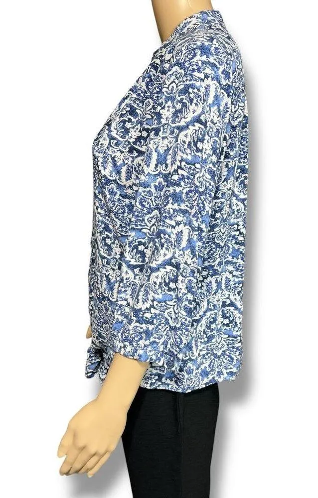 Cupio Womens Blouse Top Shirt Floral Print Button Down Tie Hem Blue White Medium - Image 5