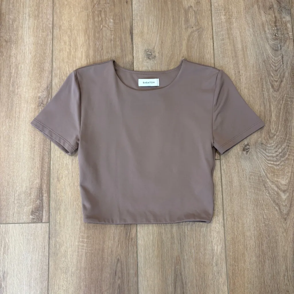🌟BABATON🌟 CONTOUR KNIT CROP TOP TEE SHORT SLEEVE CREWNECK BROWN SZ S - Image 2