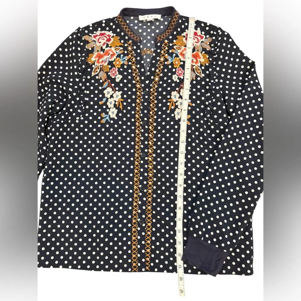 THML Navy White Polka Dot Floral Embroidered Ruffle Shoulder Blouse Size Small - Image 8