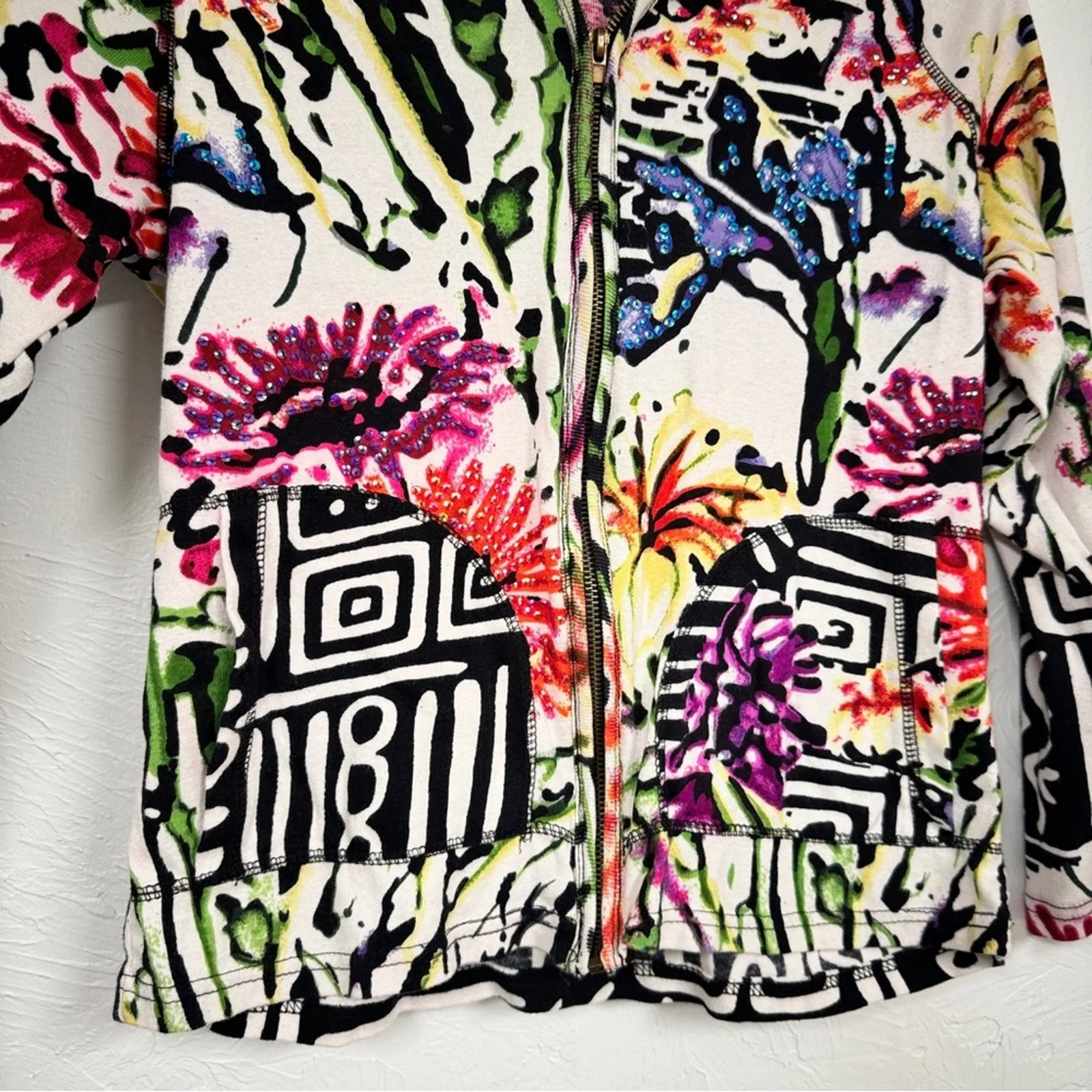 Vintage Shana K Floral Print Y2K Sequined Hoodie Sweatshirt Womens S Maximalist Black - Image 4