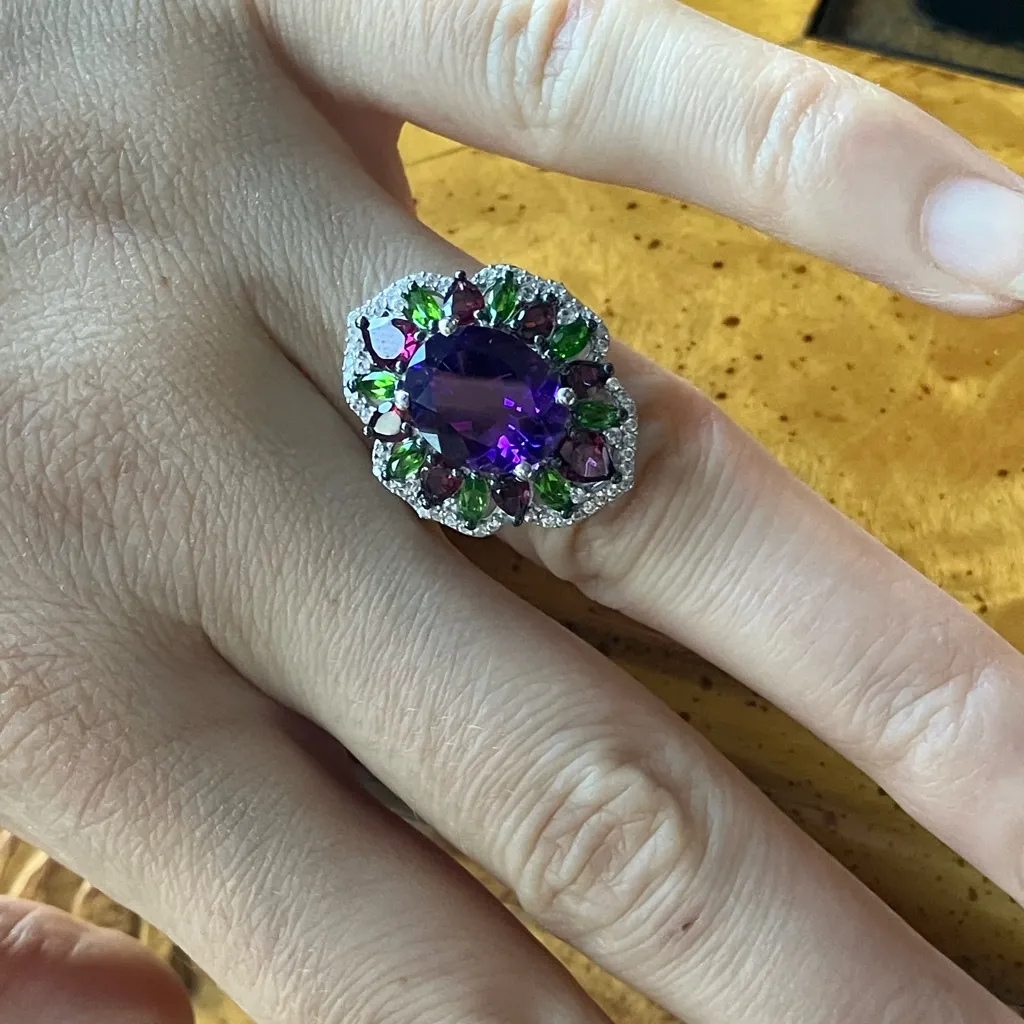 Moroccan Amethyst Chrome Diopside Sterling Silver Cocktail Ring Size 6 Purple - Image 4