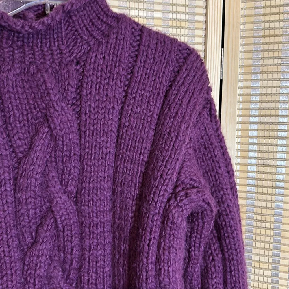 Vintage Purple Hand Knit Thick Heavy Mock Turtleneck Collar Cable Knit Sweater - Image 4