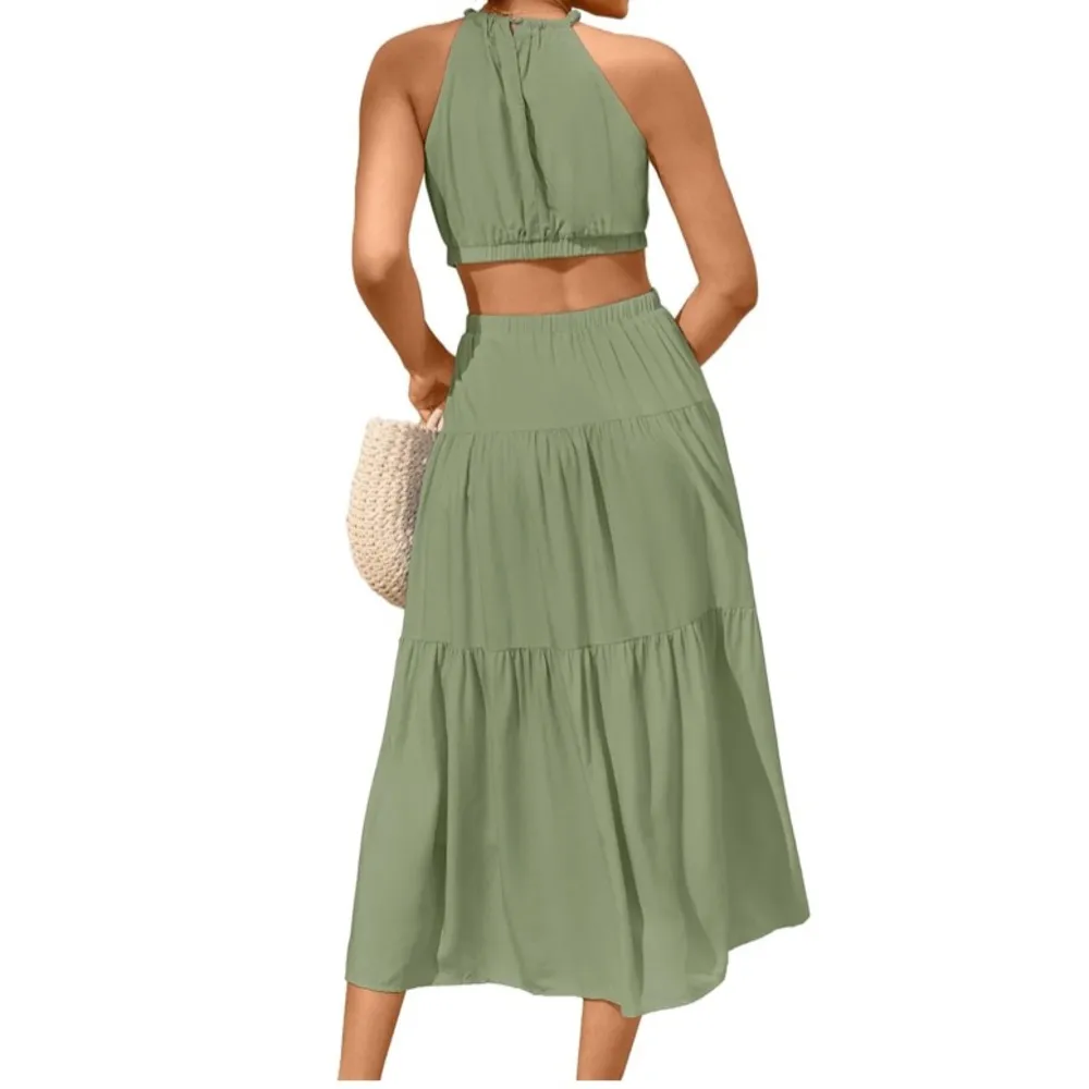 MIHOLL Cutout Halter Neck Tiered Dress Green - Image 11