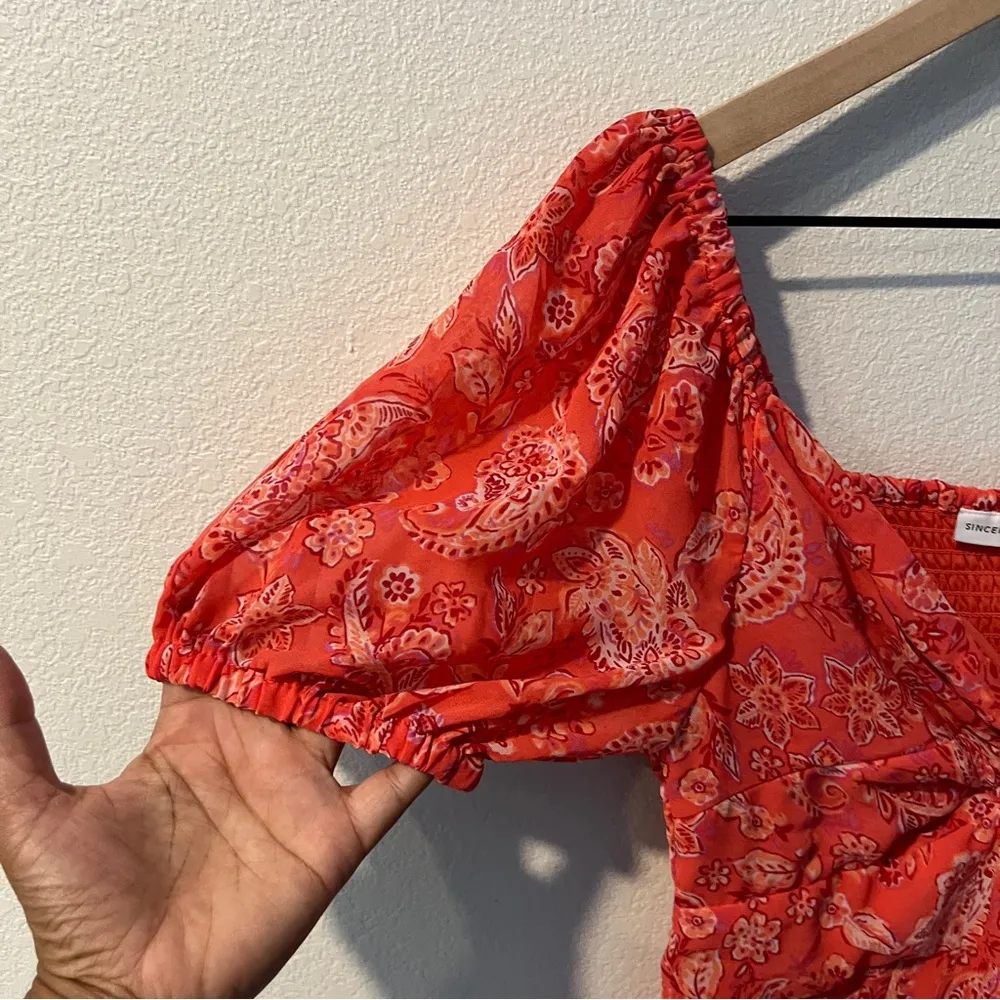 Sincerely Jules Vibrant Coral Paisley Print Chiffon Sweetheart Mini Dress Size S Pink - Image 3