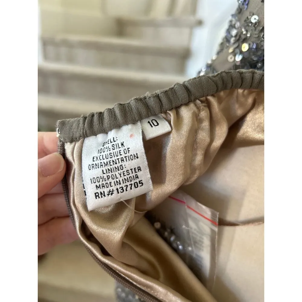 Vintage 90s NWT Shail K Taupe Silk Sequin Sweetheart Mini Dress - Image 7