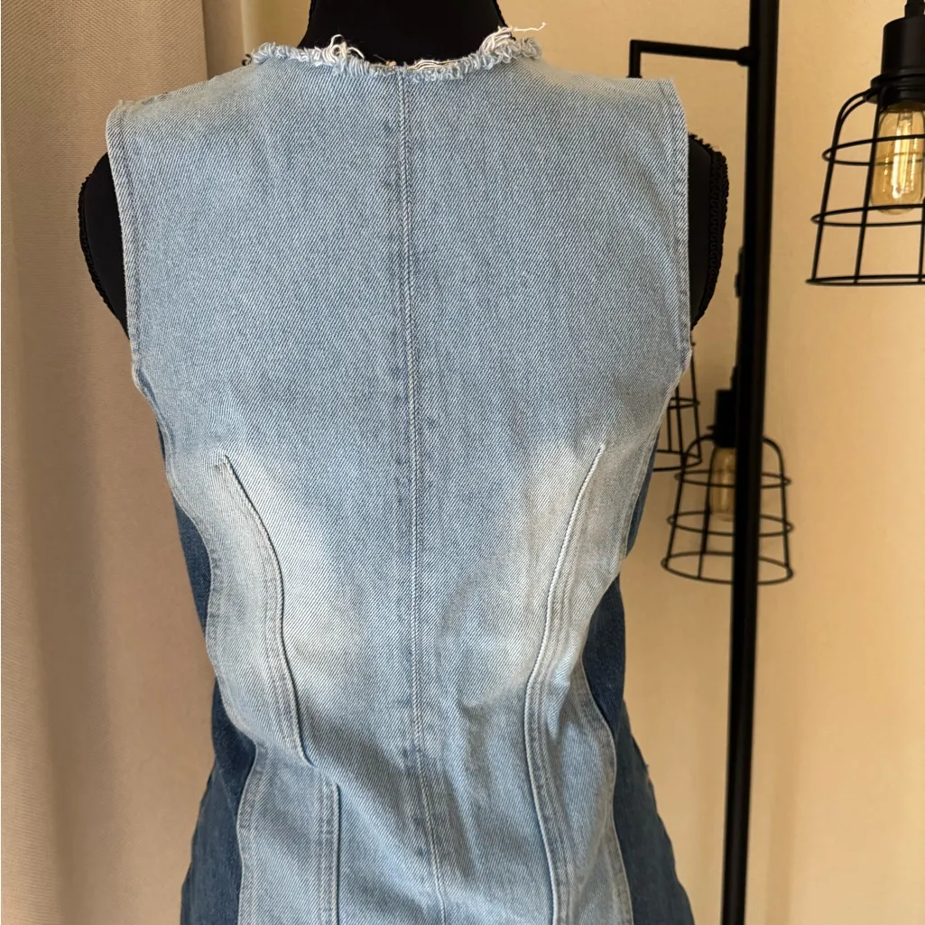Zara Trendy Distressed Denim Mini Dress Front Zip Sleeveless Bodycon XS - Image 6