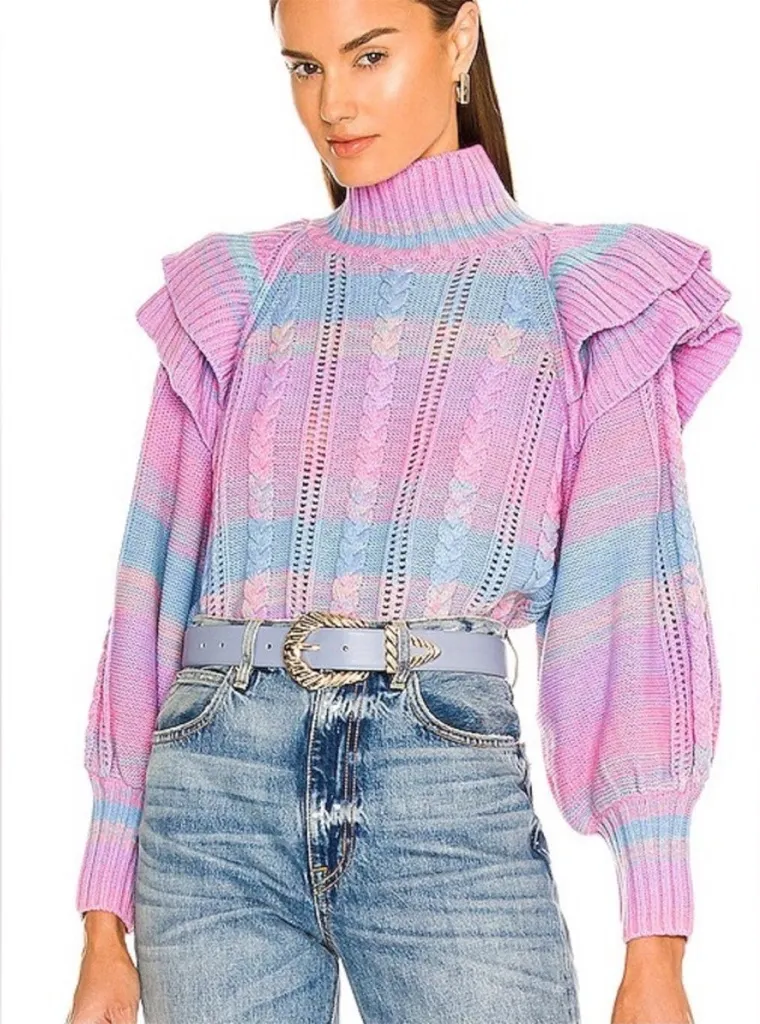 Something Navy Ruffle Mock Neck Sweater in Pink Combo Size Medium M - Image 1