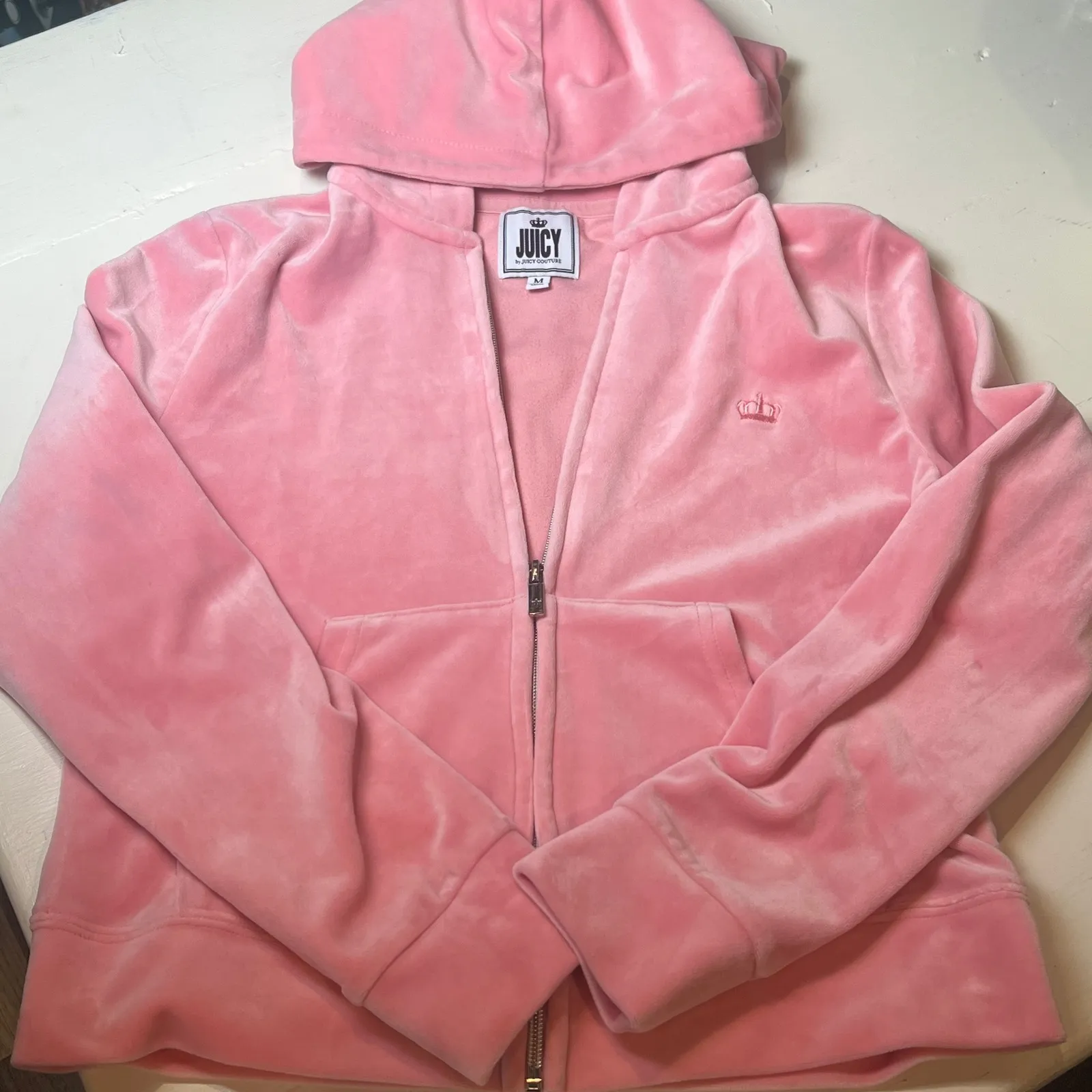 Juicy Couture Women's M Pink Velour Zip Hoodie 95/5 Stretch Y2K Retro - Image 4