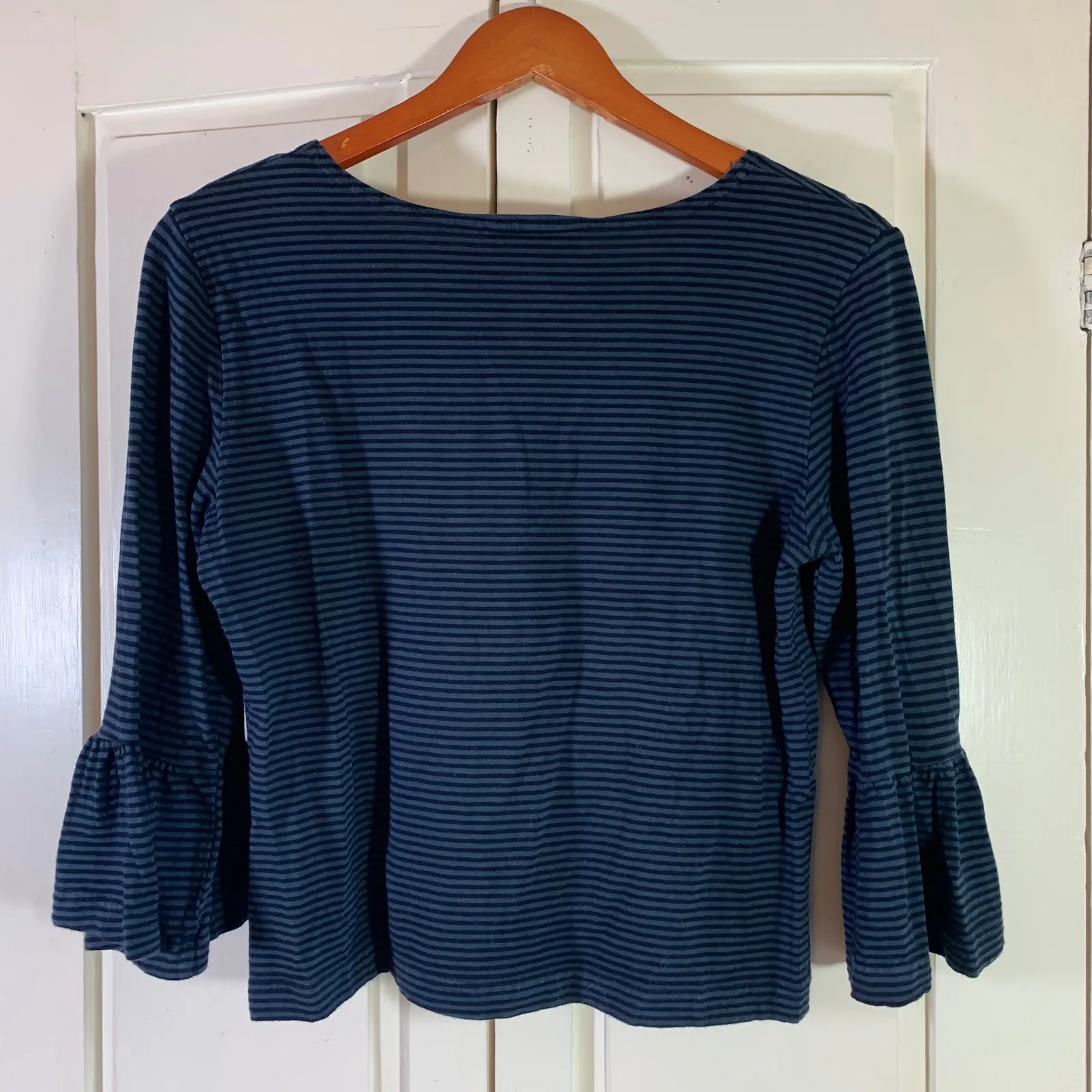 Bryn Walker Striped Bell Sleeve Top Navy Blue S Made USA Cotton Blend Timeless - Image 2