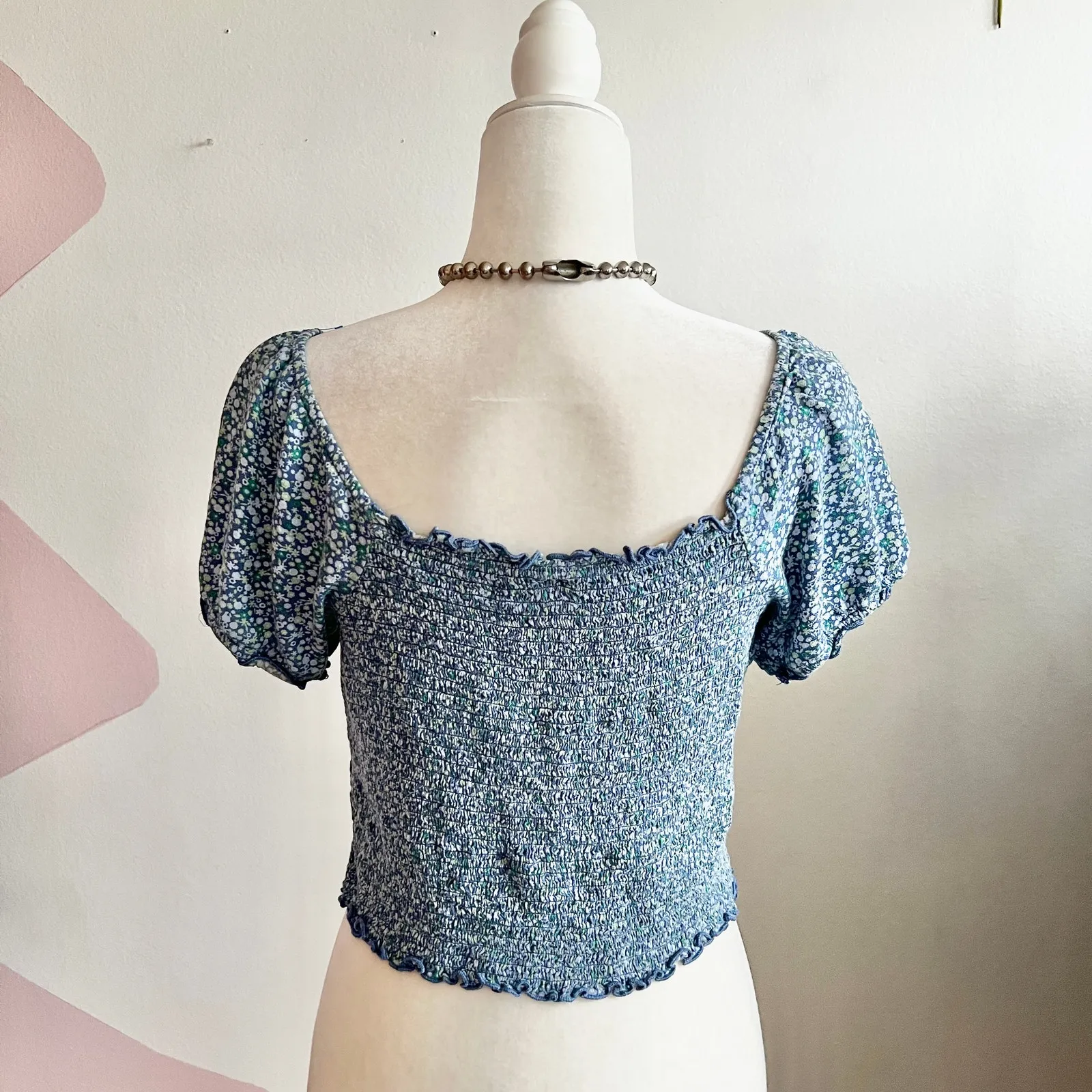 Aerie Floral Smocked Puff Sleeve‎ Cropped Top Blue Large Prairie Coquette - Image 2