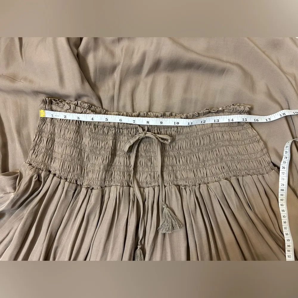 In loom Smocked waist with Drawstring Maxi Skirt Tan Size L - Image 10