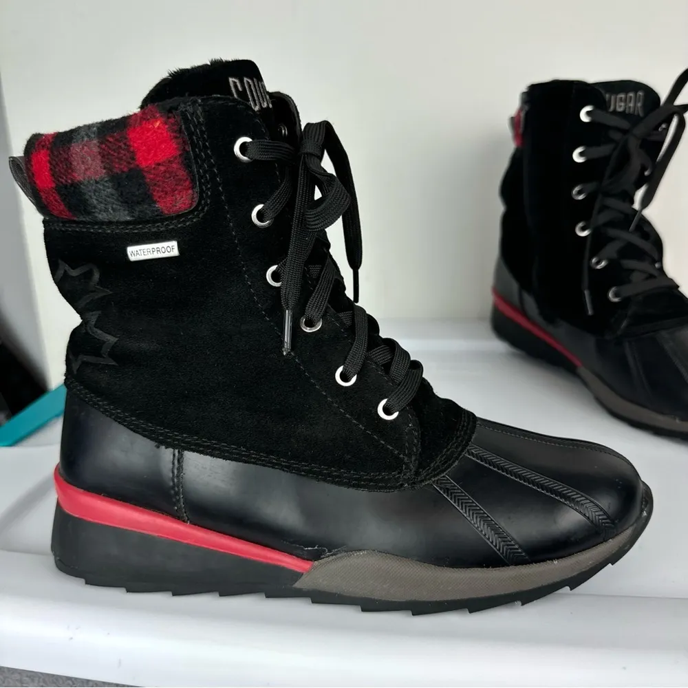 Cougar Canada Totem Waterproof Duck Boots Sz 7 Black Leather Plaid Cuff Lace Up - Image 8