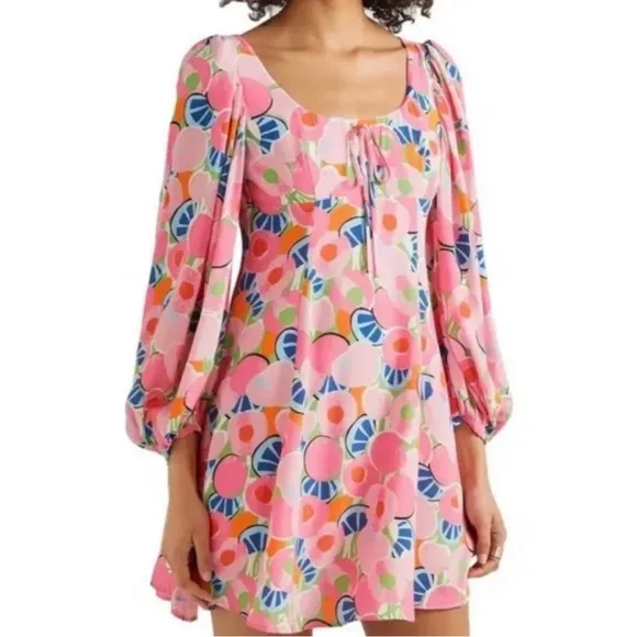 Staud Juniper Abstract Peach Blossom Mini Dress long sleeve size 0 C10 Pink - Image 1