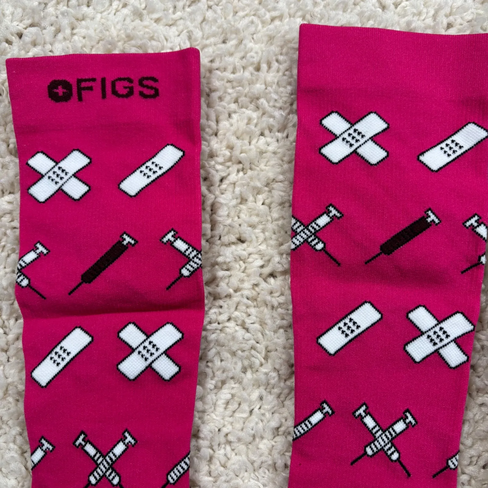 FIGS Compression Socks Knee High Pink Band Aid Syringe Medical Print Women's L - Image 3