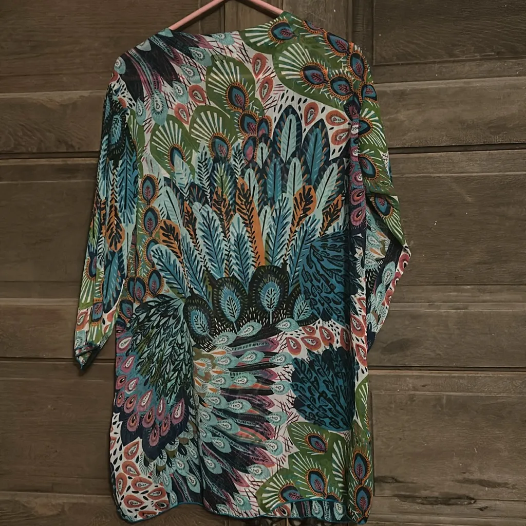 Double Decker Top Size M Sheer Tunic‎ Beach Cover Up Peacock Feathers Sequins Blue Size M - Image 6